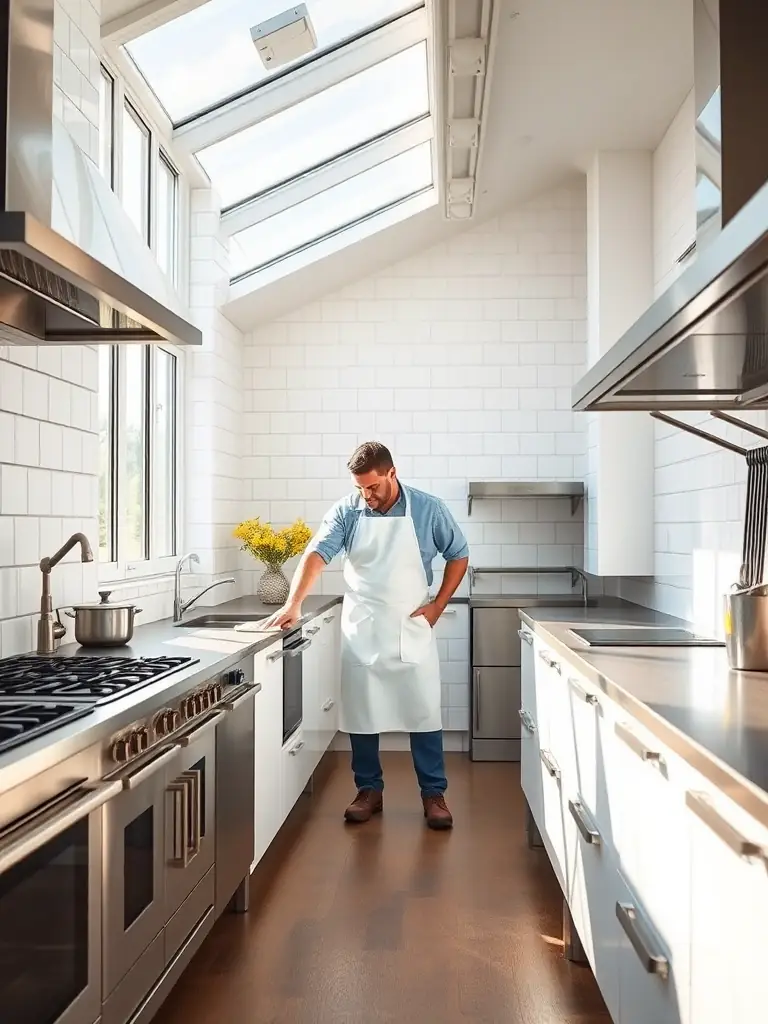 A brightly lit food preparation area in a farm setting, featuring MgO panels as washable wall surfaces, highlighting their ease of cleaning.