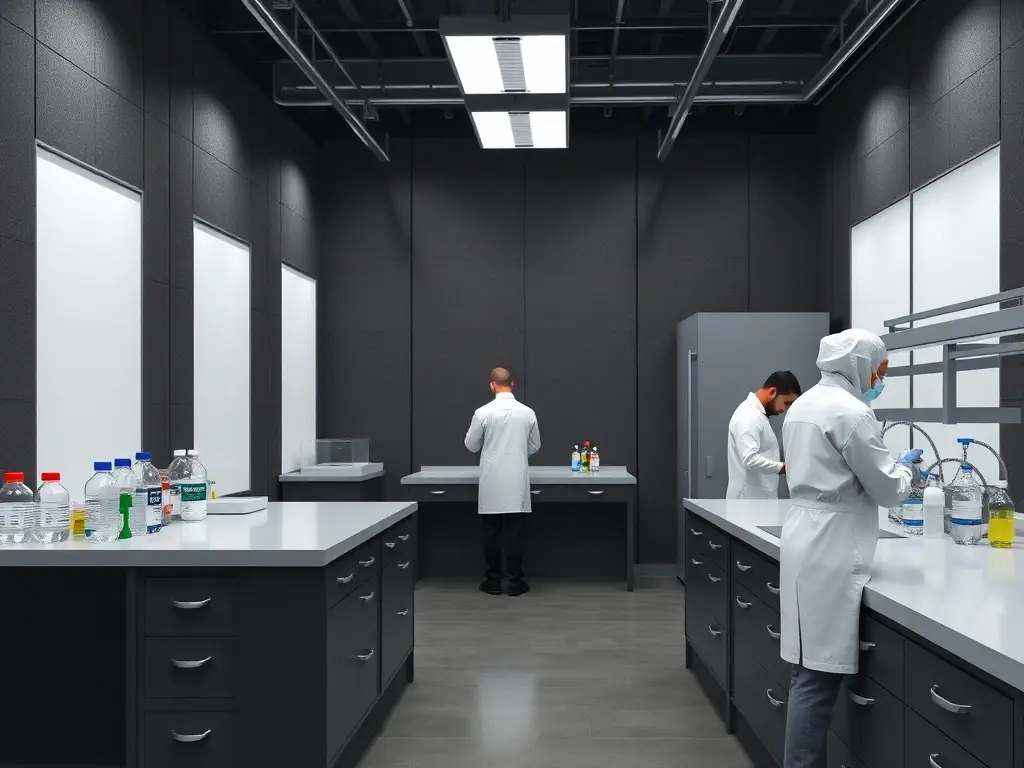 A laboratory setting with MagNXT MgO panels used for walls and surfaces, demonstrating resistance to harsh chemicals and easy cleaning. Technicians are conducting experiments, showcasing the durability and reliability of the panels.