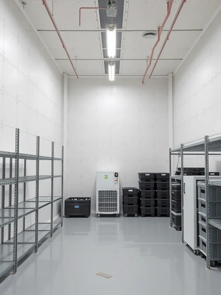 A storage facility with high humidity, showcasing MgO panels maintaining their integrity without signs of rot or moisture damage.
