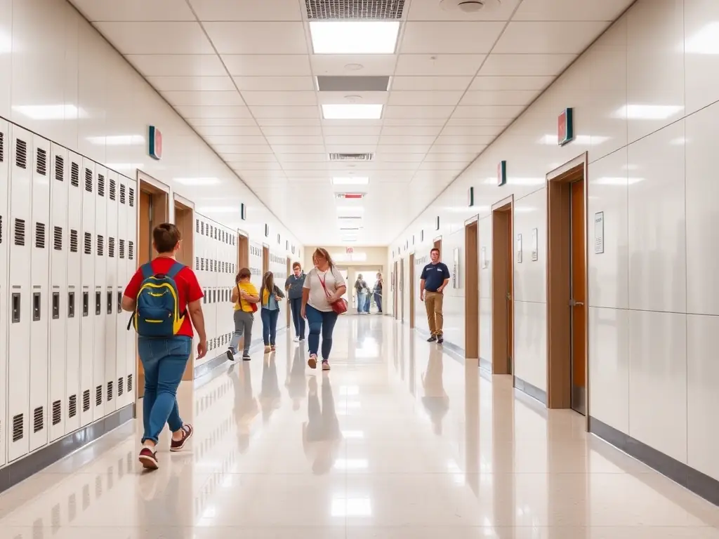 A school hallway with MagNXT MgO panels installed as fire-resistant walls, showcasing their ability to withstand high temperatures and prevent the spread of fire, ensuring the safety of students and staff.