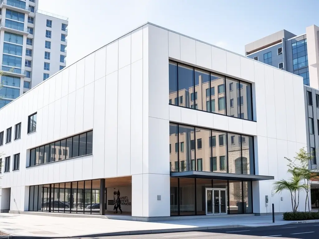 A modern commercial building using MagNXT MgO SIP panels, emphasizing its durability and fire-resistant properties. The image showcases the building's clean lines and efficient design, highlighting the benefits of MgO panels for commercial construction.