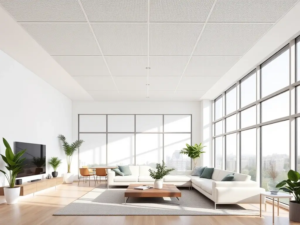 A modern living room featuring MagNXT ceiling panels, showcasing their seamless integration with residential design and enhancing the room's aesthetic appeal with clean lines and a bright, open feel.