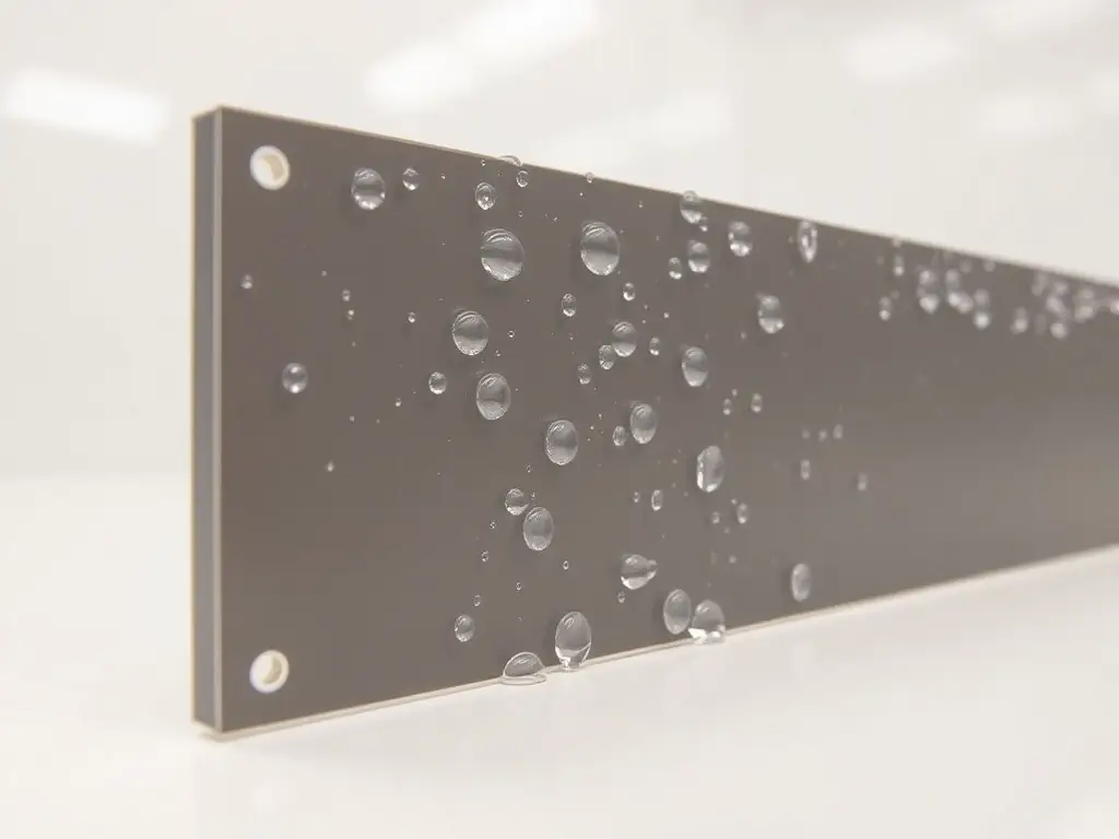A close-up shot of MagNXT MgO panels undergoing a water resistance test. Water beads up on the surface, demonstrating the panel's ability to repel moisture and prevent water damage.