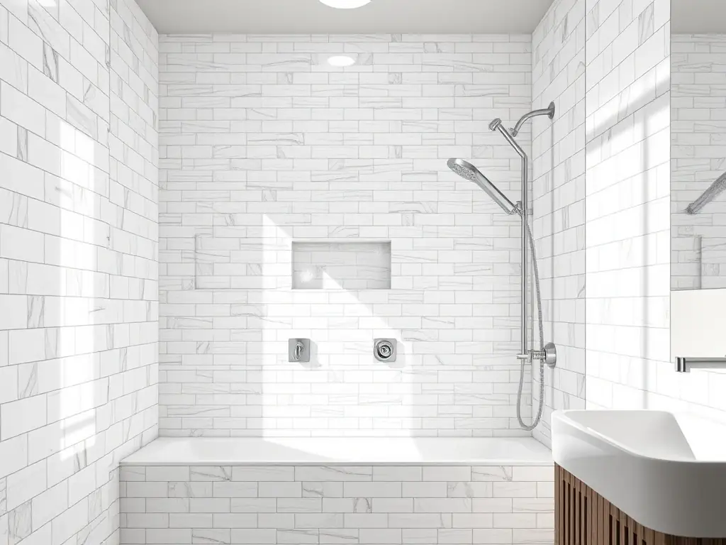 A modern bathroom with MgO panels used as a moisture-resistant substrate for tiling, demonstrating their ability to withstand high humidity and prevent mold growth.