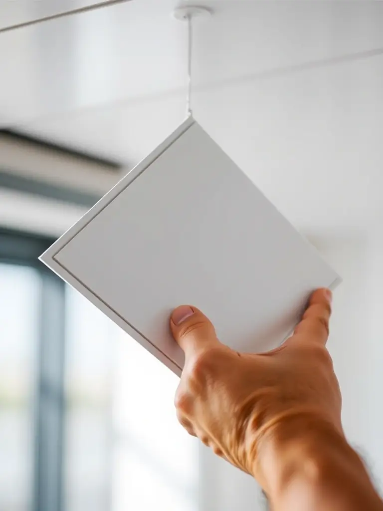 A close-up shot of a MagNXT ceiling panel being easily lifted by one person, showcasing its lightweight nature and ease of installation.