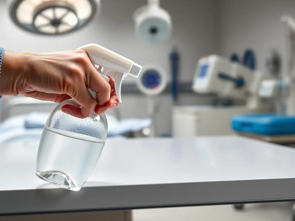 A close-up shot of a MagNXT MgO panel being sprayed with a strong disinfectant, demonstrating its resistance to chemical degradation and maintaining its integrity.