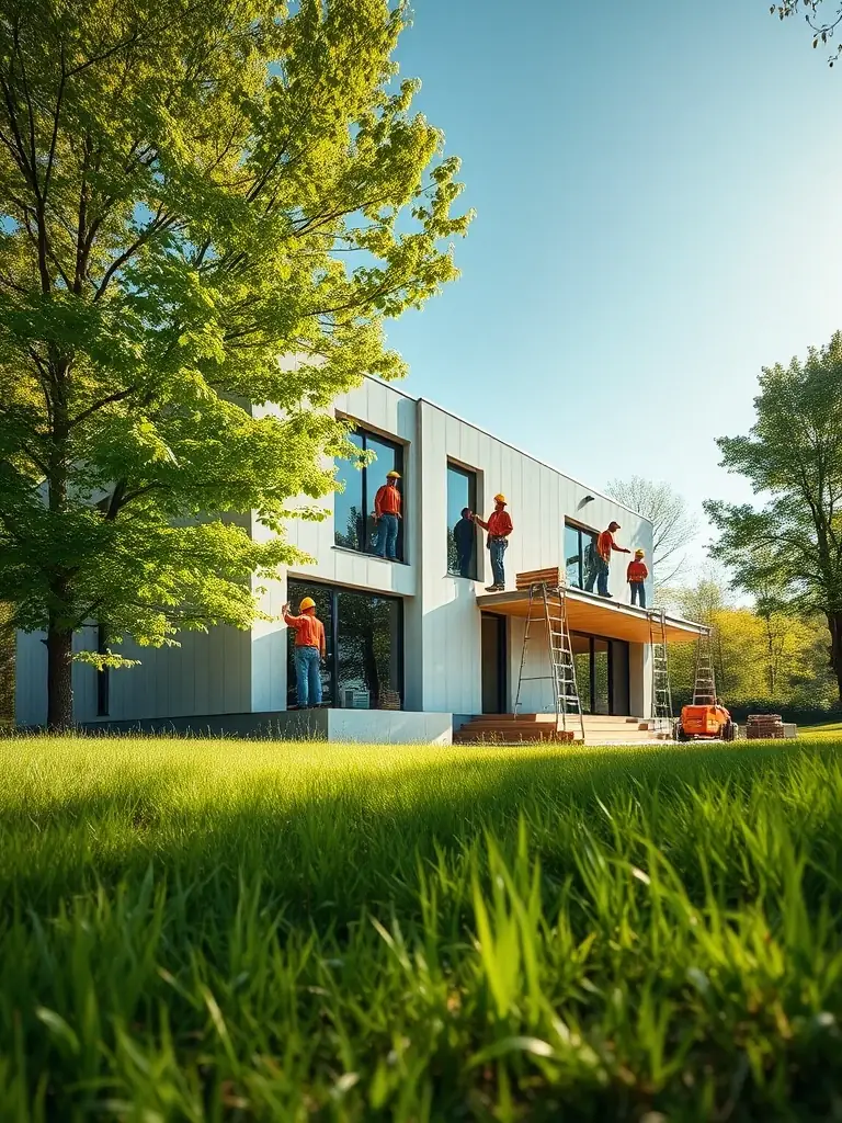 A wide shot of a construction site where MgO SIP panels are being used to build a modern, eco-friendly home. The surrounding environment should be lush and green, emphasizing sustainability.