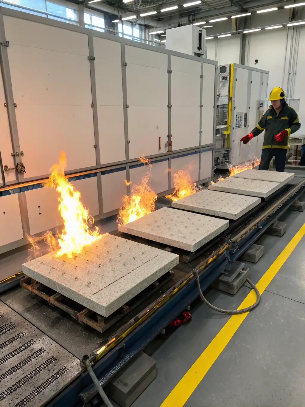 A MagNXT ceiling panel undergoing a fire resistance test, highlighting its ability to withstand high temperatures and protect the structure.