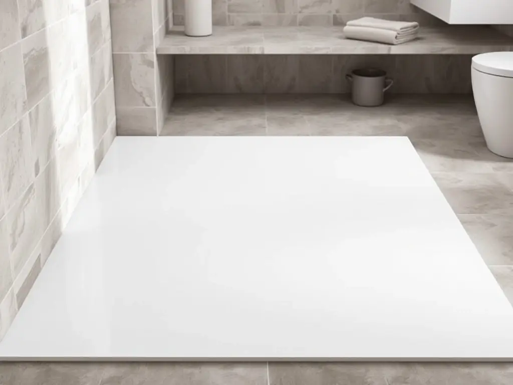 A close-up shot of a MagNXT MgO panel submerged in water, showcasing its waterproof properties. Water droplets bead on the surface, indicating its resistance to moisture penetration. The background is a clean, modern bathroom setting.
