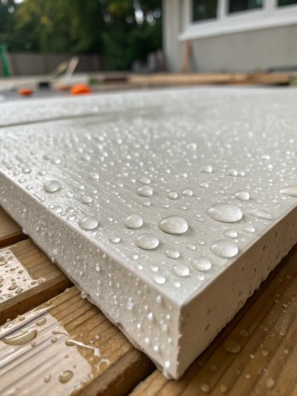 A detailed image showcasing water droplets beading on the surface of an MgO SIP panel, highlighting its waterproofing capabilities. The panel should appear clean and undamaged.