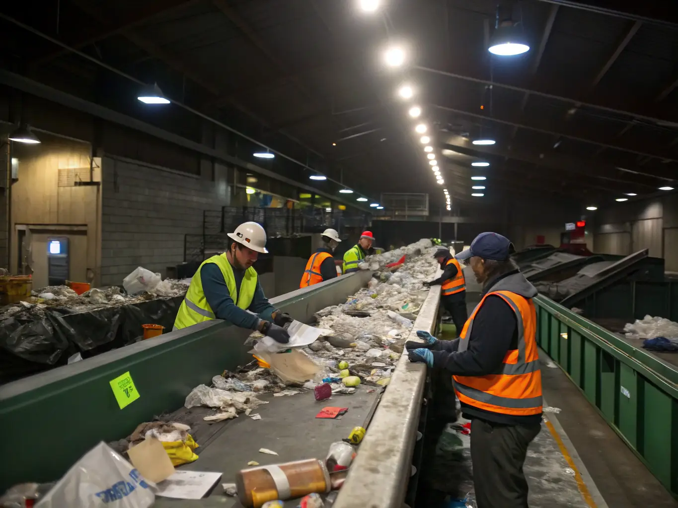 A photo showcasing a recycling facility processing construction materials, with a focus on MgO panels being sorted and prepared for reuse.