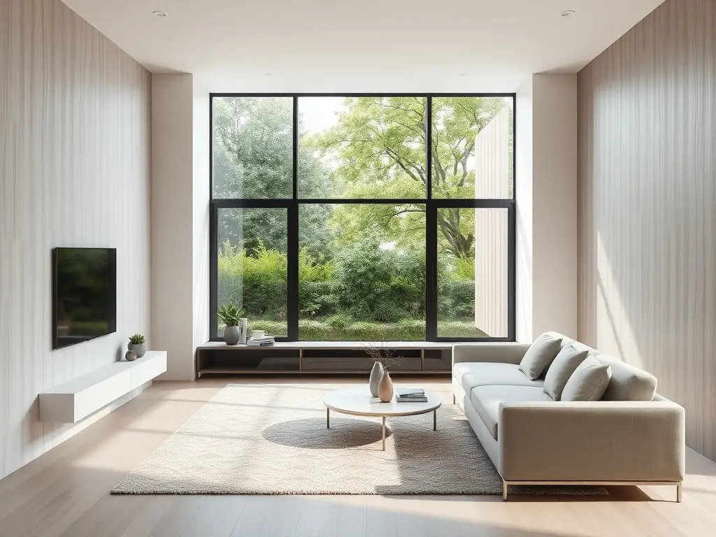 A brightly lit, modern living room showcasing smooth, white MgO interior walls, emphasizing the clean and contemporary aesthetic achievable with MagNXT panels.
