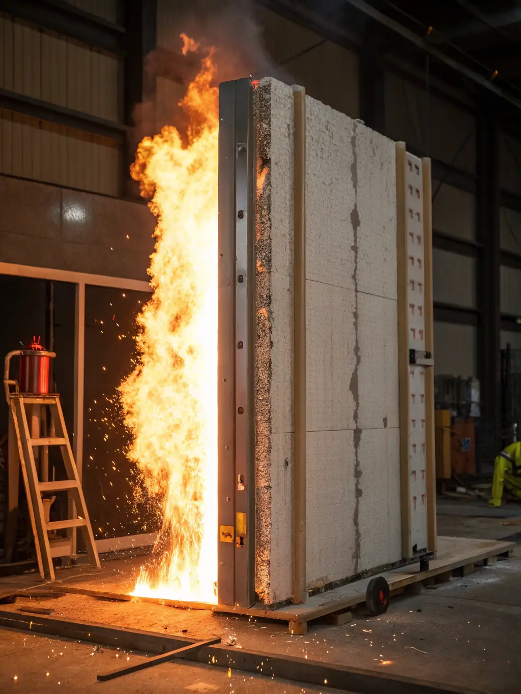 A high-resolution image of an MgO panel being directly exposed to intense flames, with the panel showing no signs of combustion or structural damage, highlighting its superior fire-resistant properties.