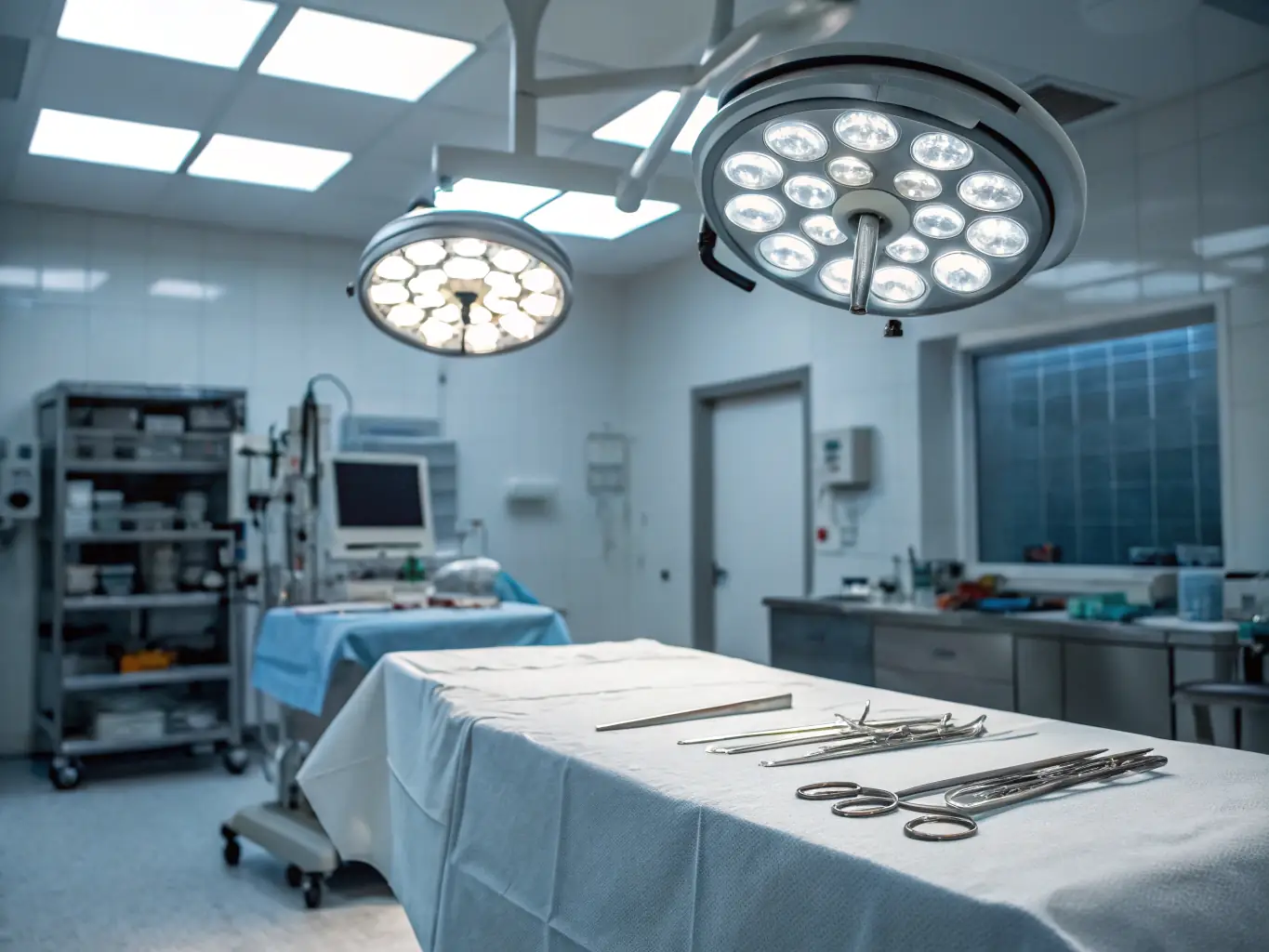 A brightly lit, modern surgical room featuring seamless walls constructed from MagNXT MgO panels, emphasizing a clean and sterile environment. Medical staff are working efficiently, highlighting the functionality and safety of the space.