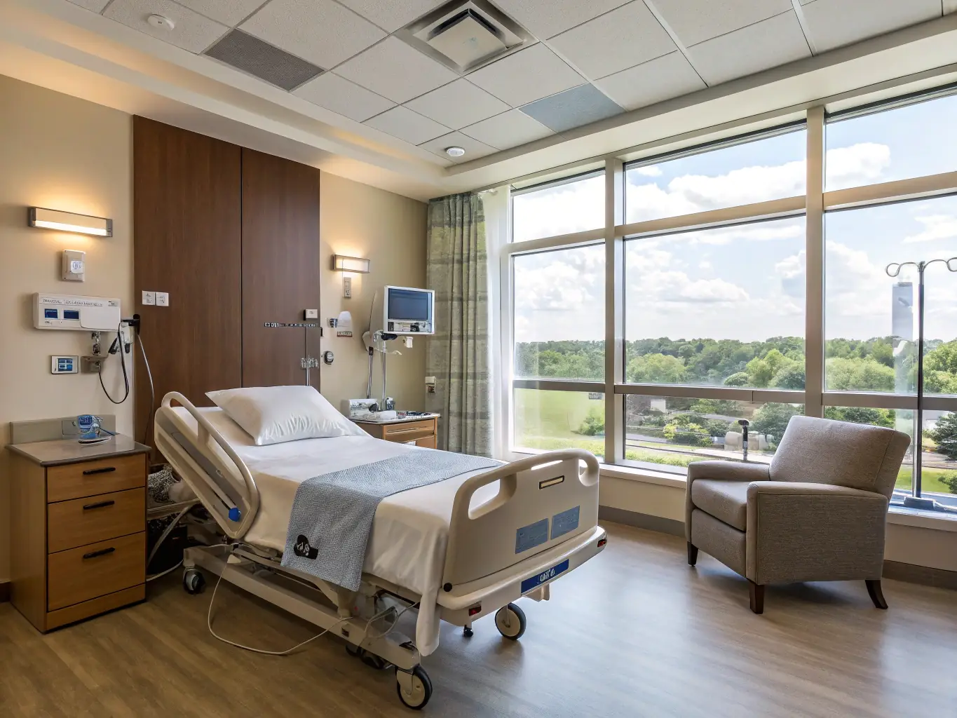 A well-ventilated hospital room with natural light, showcasing the use of MagNXT MgO panels to create a non-toxic and comfortable environment for patients.