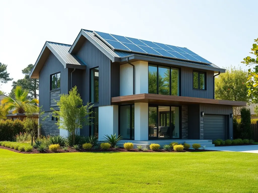 A modern residential home constructed with MagNXT MgO SIP panels, showcasing its sleek design and energy efficiency. The image emphasizes the home's integration with its natural surroundings, highlighting the sustainable aspect of MgO panels.