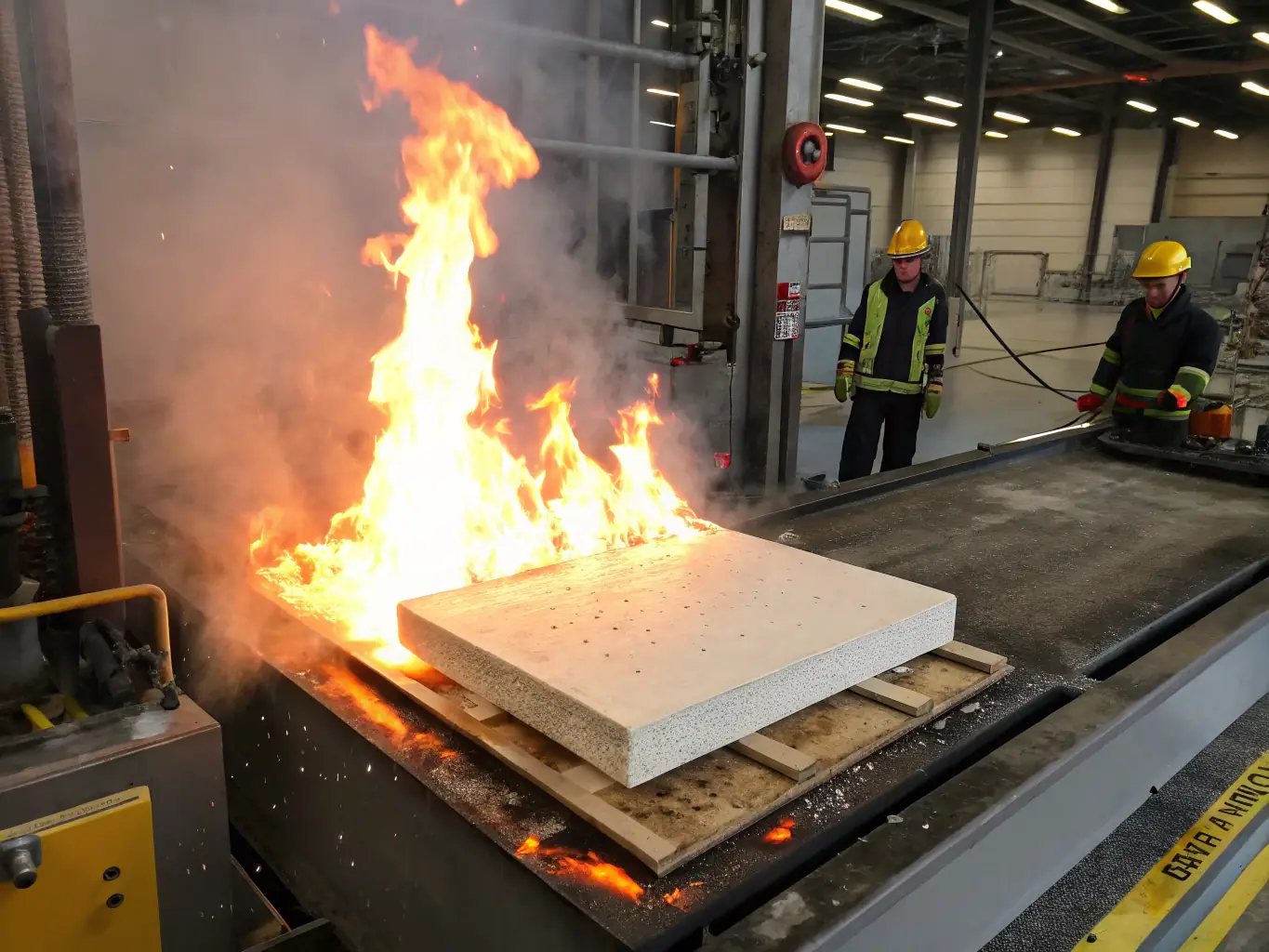 A high-angle, close-up shot of a MagNXT MgO panel being tested for fire resistance, with flames engulfing the panel but showing no signs of combustion or structural damage. The background is a controlled laboratory setting.