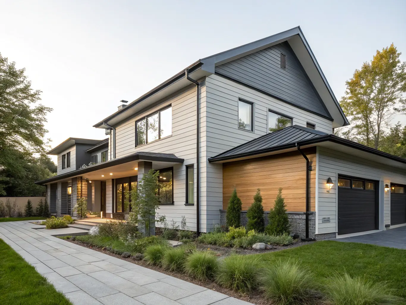 A high-angle shot of a modern home's exterior showcasing the clean lines and smooth finish achieved with MagNXT MgO wall panels. The image emphasizes the aesthetic appeal and seamless integration of the panels into the overall design.
