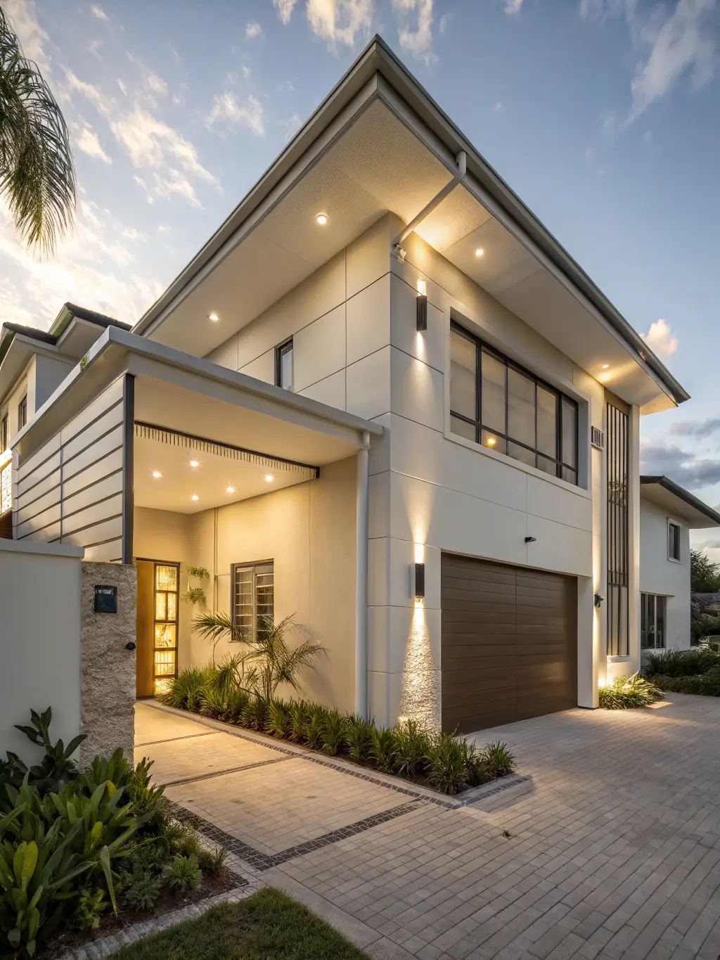 A modern residential home exterior featuring MagNXT MgO panels used as siding, showcasing a clean and contemporary design. The image should highlight the panel's smooth finish and integration with other building materials.