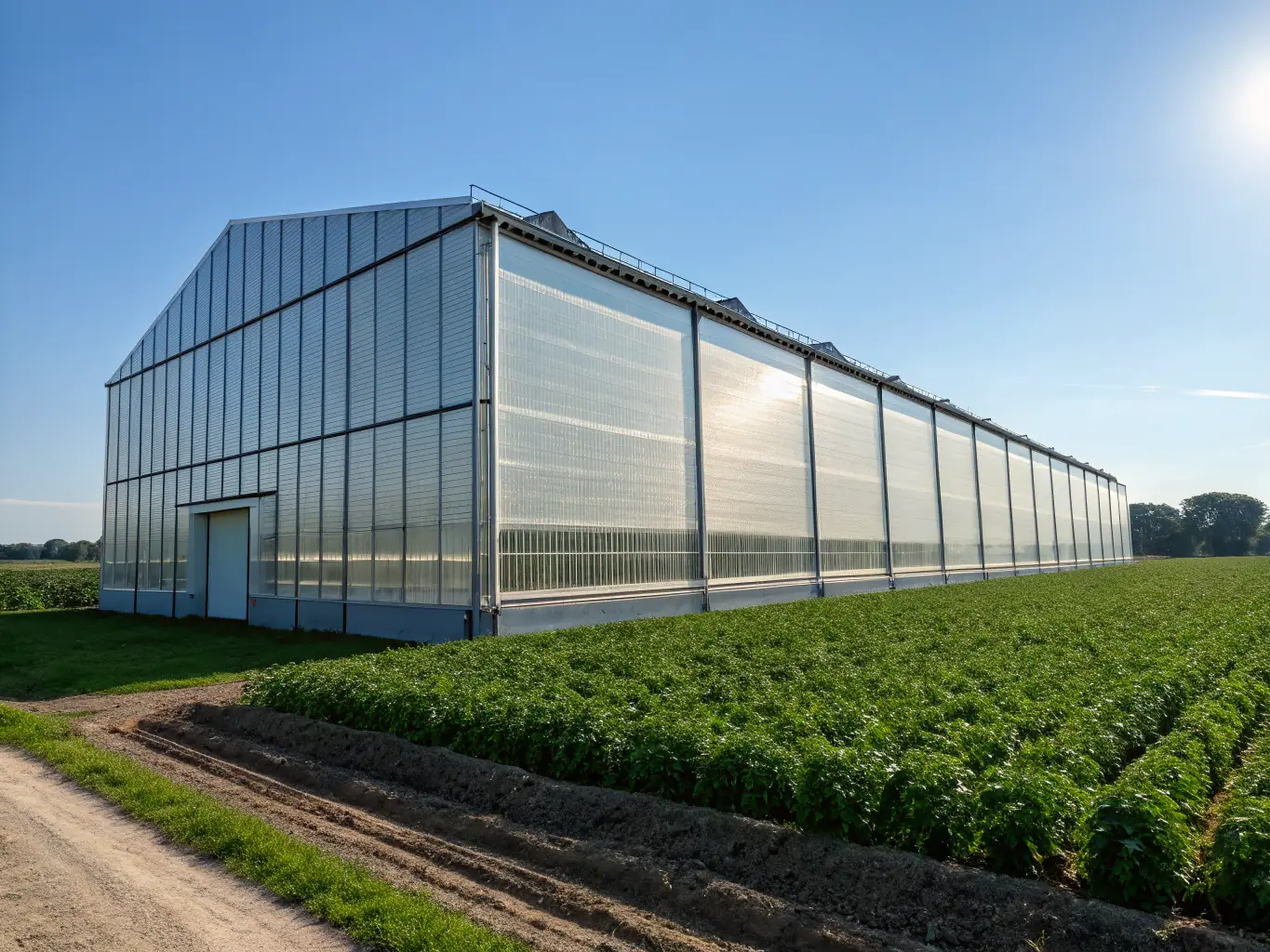 A wide shot of a building constructed with MagNXT MgO panels, highlighting its sleek and modern design. The building is surrounded by lush greenery, emphasizing its eco-friendly nature. Solar panels are visible on the roof.