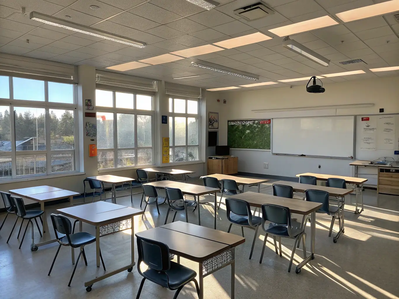 A brightly lit modern classroom featuring MagNXT MgO panels used as whiteboard walls, with students actively engaged in writing and drawing on the surface, showcasing the panel's functionality and contribution to interactive learning.