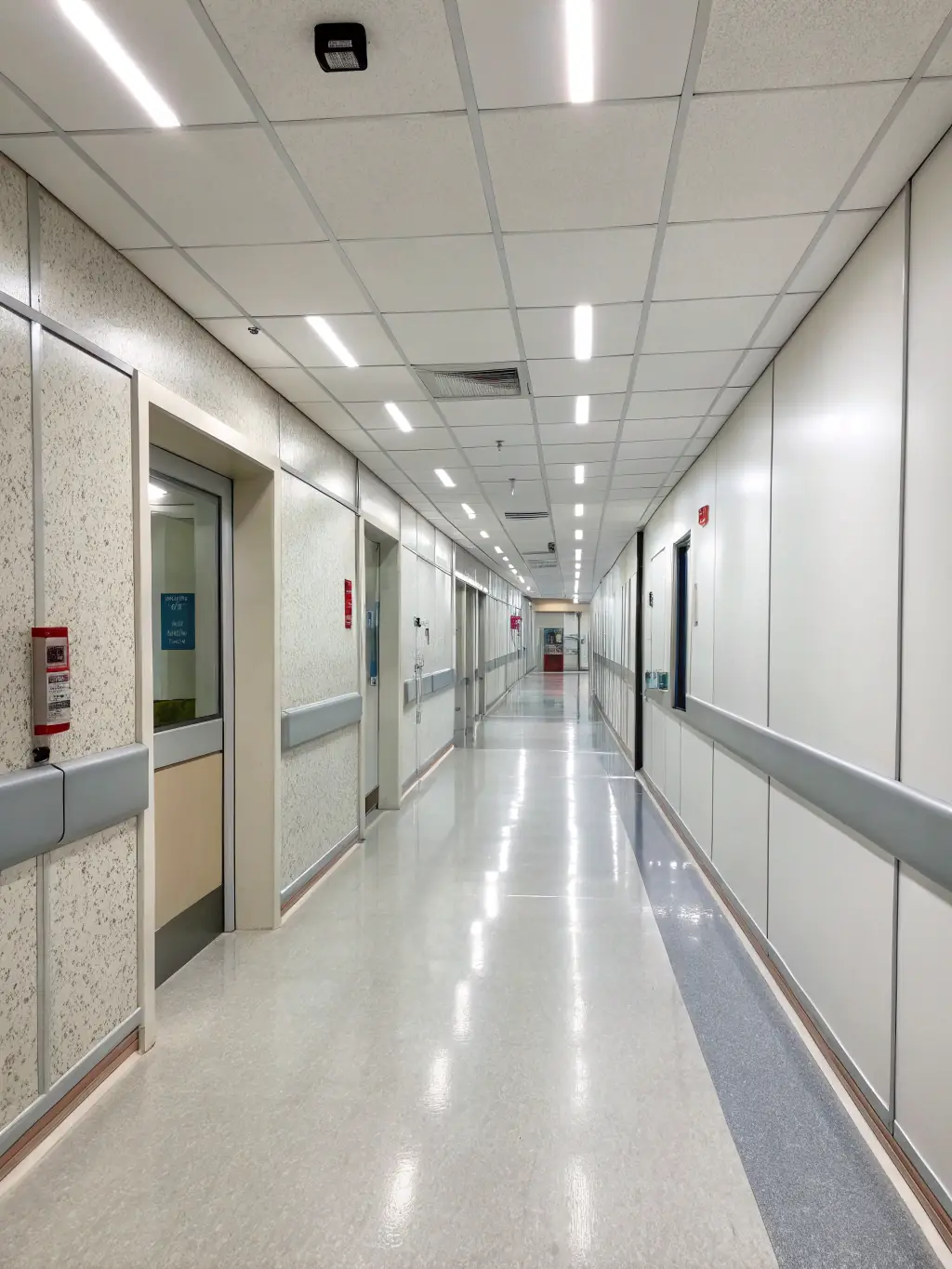 A clean and sterile hospital interior featuring MagNXT MgO panels used in the walls and ceilings. The image should convey a sense of hygiene and safety, highlighting the panel's health-safe properties.